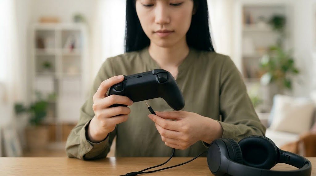PS5コントローラーの3.5mm端子にヘッドセットを接続する
