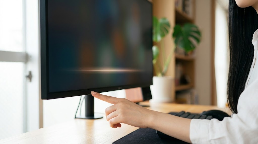 4Kモニターの画面モード設定を確認する手元
