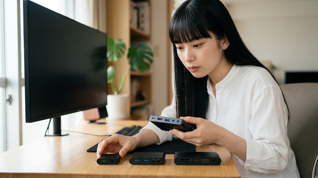 レトロゲーム用のHDMI変換機器を見比べる様子
