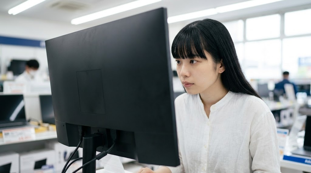 4Kモニターの仕様表でアスペクト固定機能を確認する様子