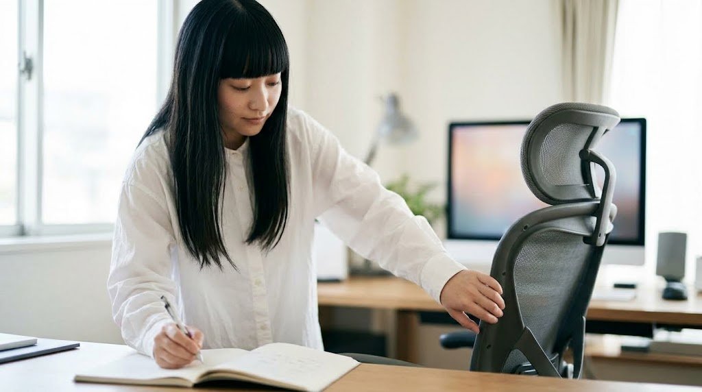 椅子を買う前に決める3項目を書き出して確認する様子