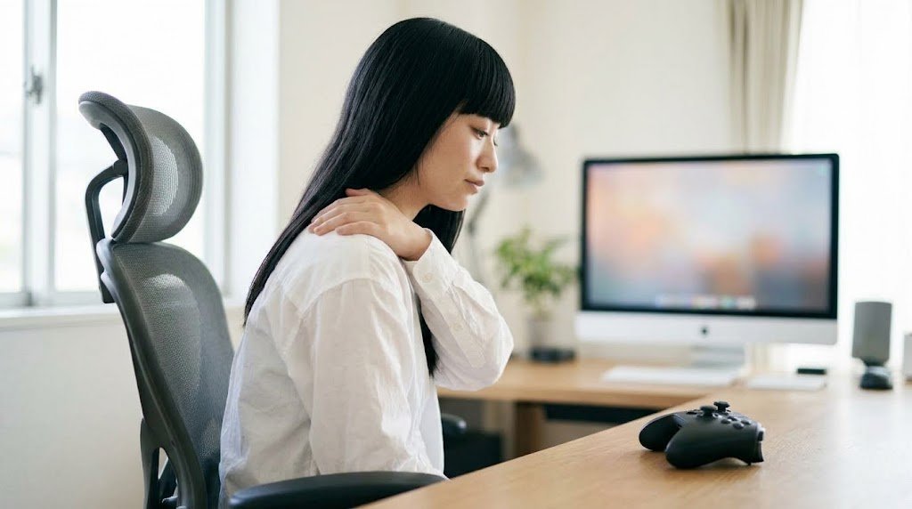 同じ姿勢が続いて肩や腰に負担がかかっている様子
