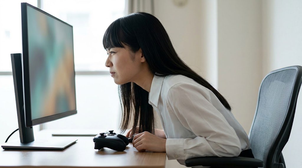 画面が見えづらく顔を近づけてしまい前かがみになっている様子