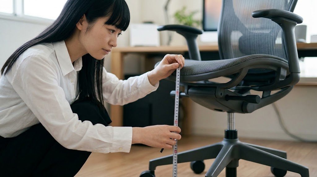 座面の高さをメジャーで測って調整している様子