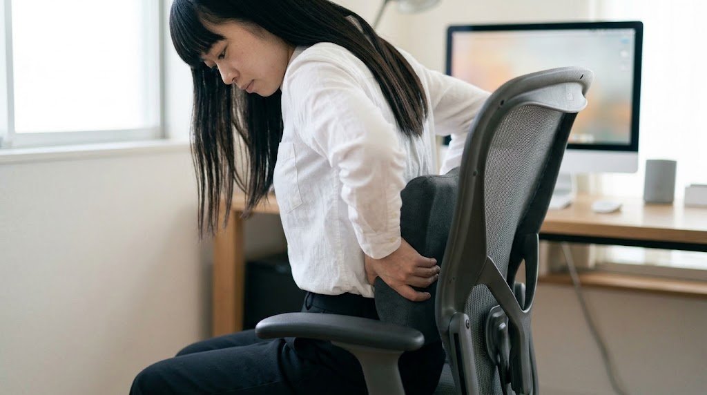 ランバーサポートの高さを調整して腰に当てている様子