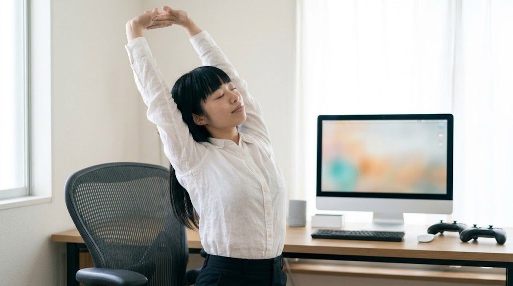 プレイの区切りで立ち上がって姿勢を変えている様子