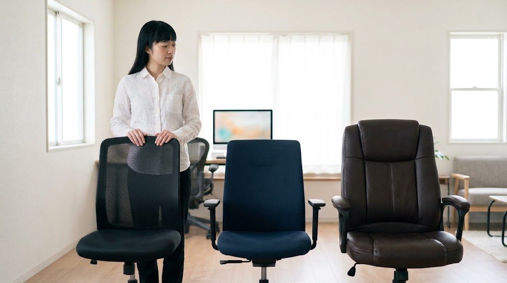 タイプの違う椅子を見比べて選んでいる様子