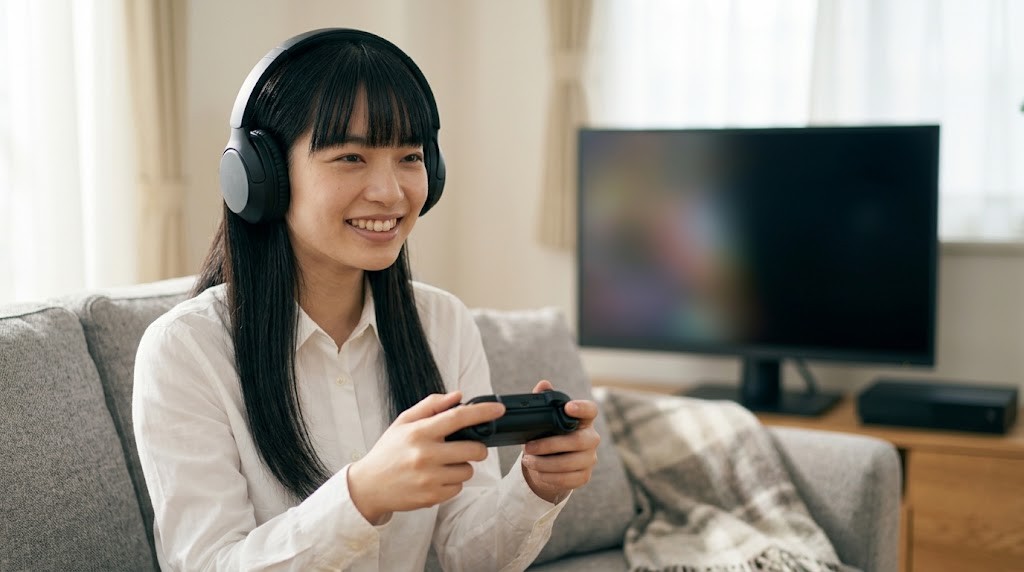 音ズレのない低遅延ワイヤレス環境でゲームを楽しむ様子