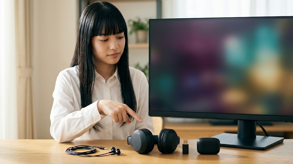 有線・2.4GHzドングル・Bluetoothの3方式のイヤホンとヘッドセットを見比べる様子