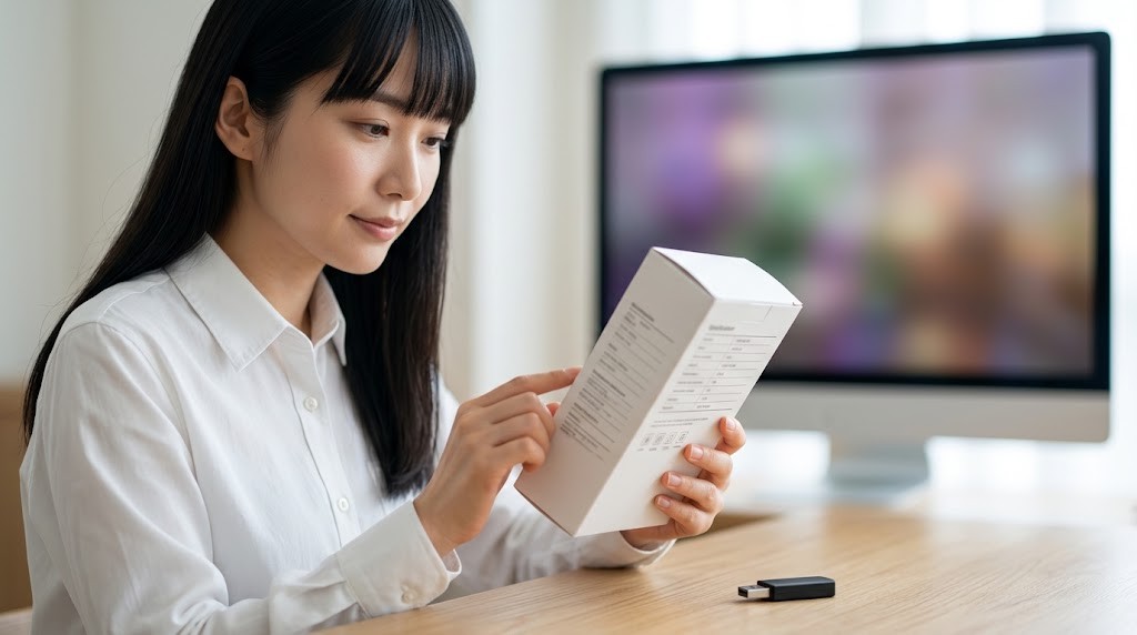 低遅延ワイヤレスイヤホンの仕様を箱で確認している様子