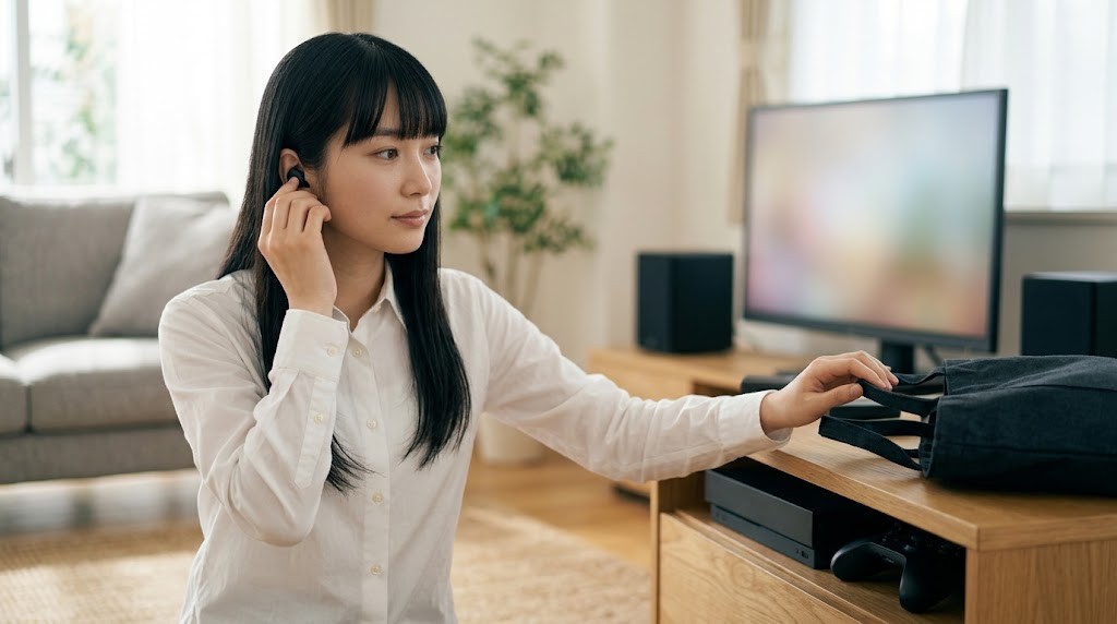 ワイヤレスイヤホンとゲーム機の間の障害物をどけて接続を安定させる様子