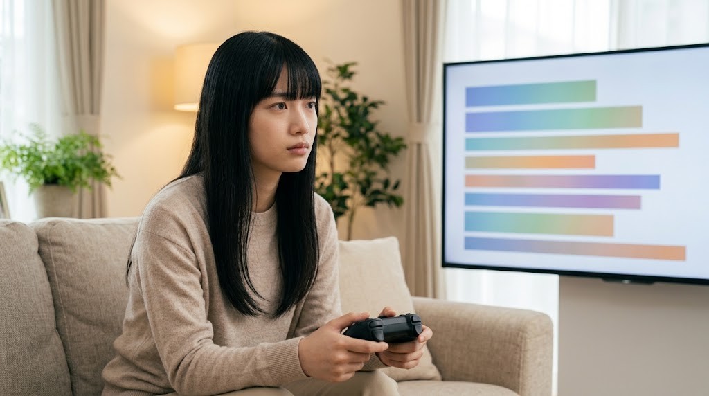 PS5の空き容量をテレビ画面で確認する女性