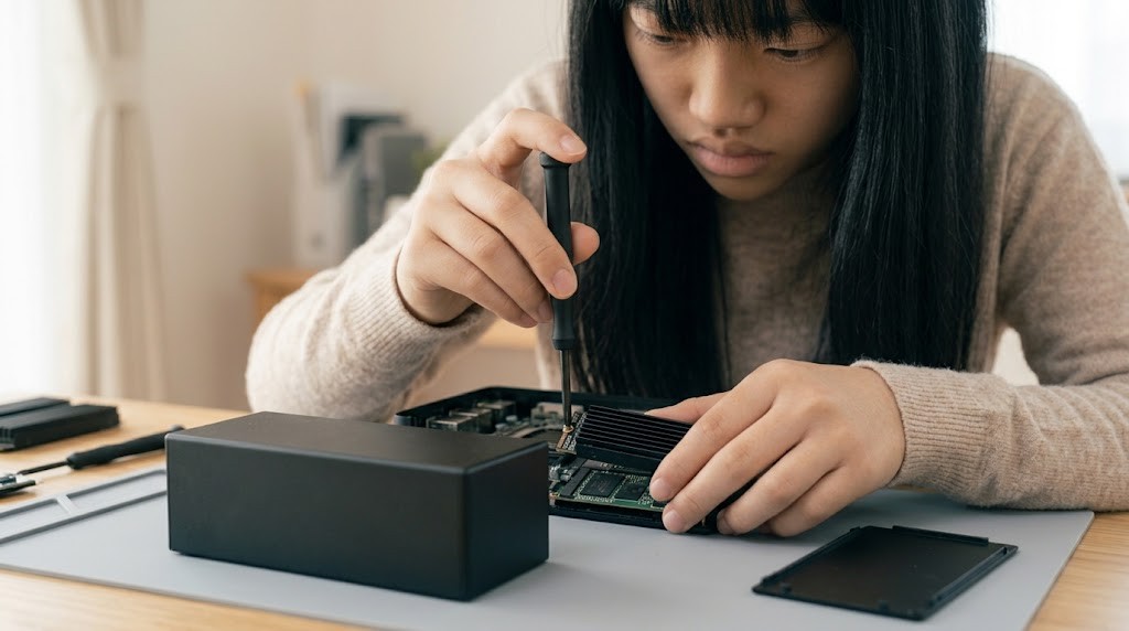 PS5にM.2 SSDを取り付けるためネジを外す手元