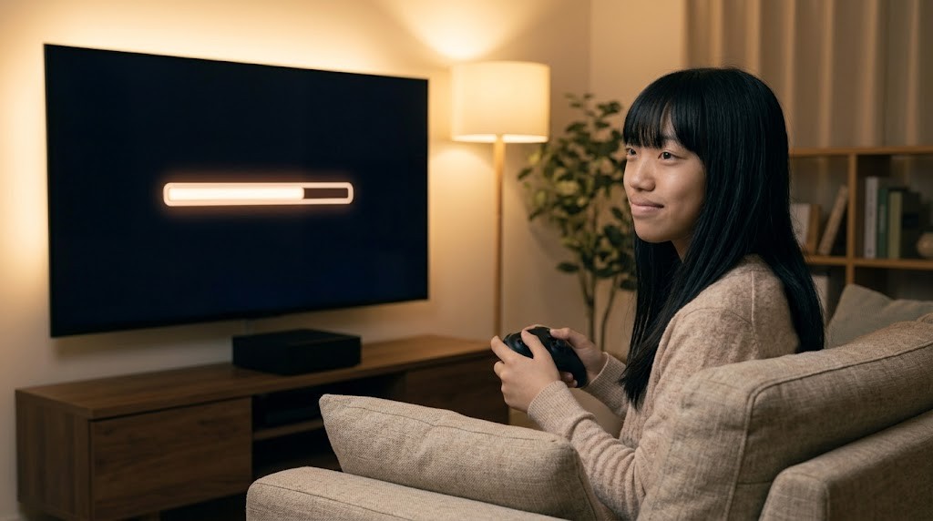 M.2 SSDを取り付けたあとPS5でフォーマットを待つ女性