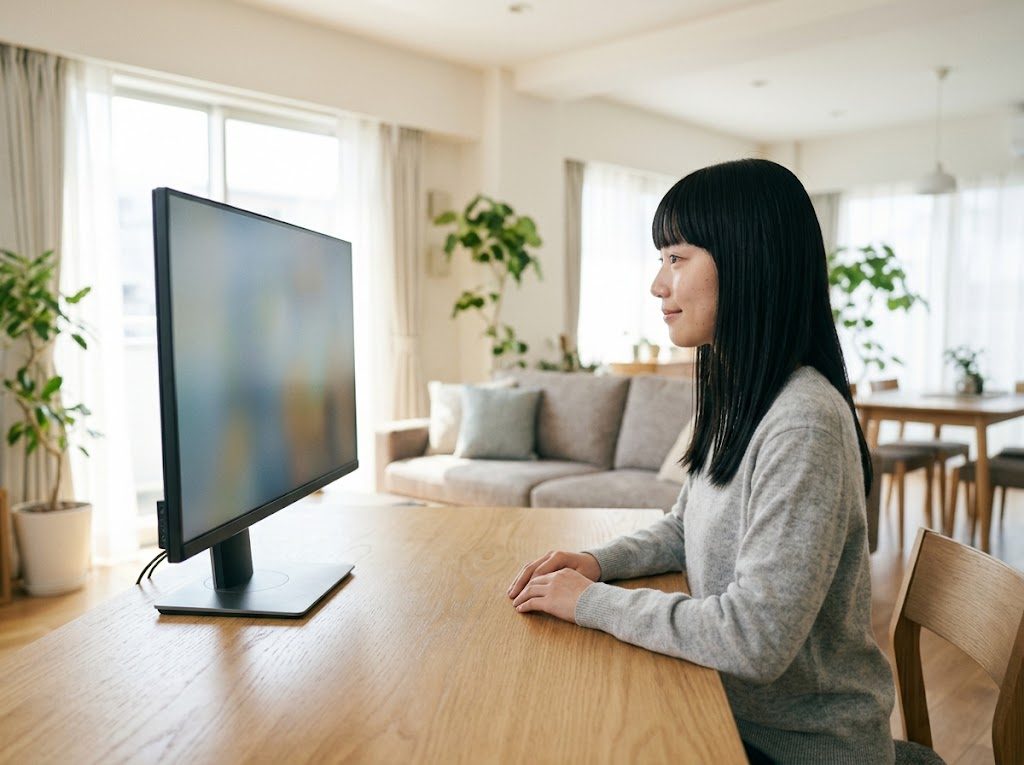 デスクに座って4Kモニターを見る適正な視聴距離