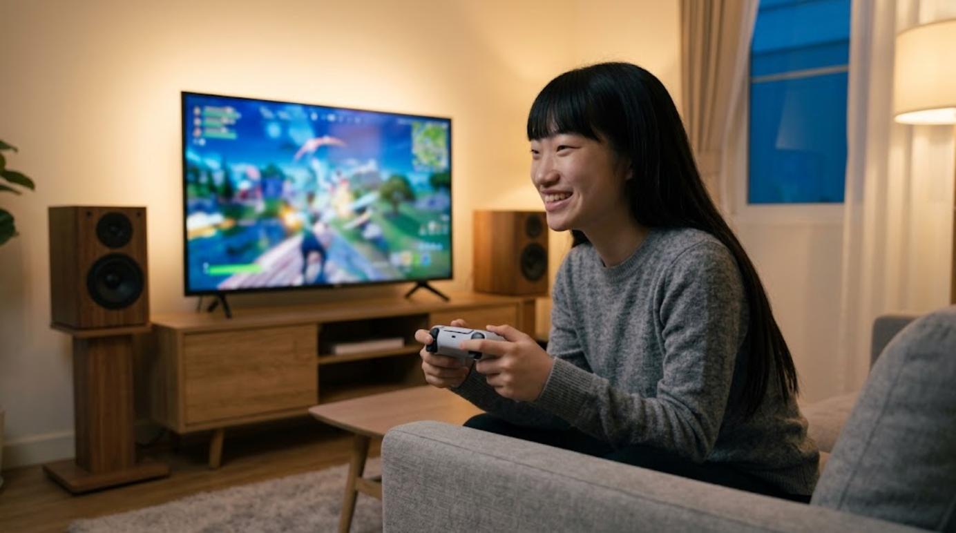 スピーカー環境を整えてゲームを楽しむ様子