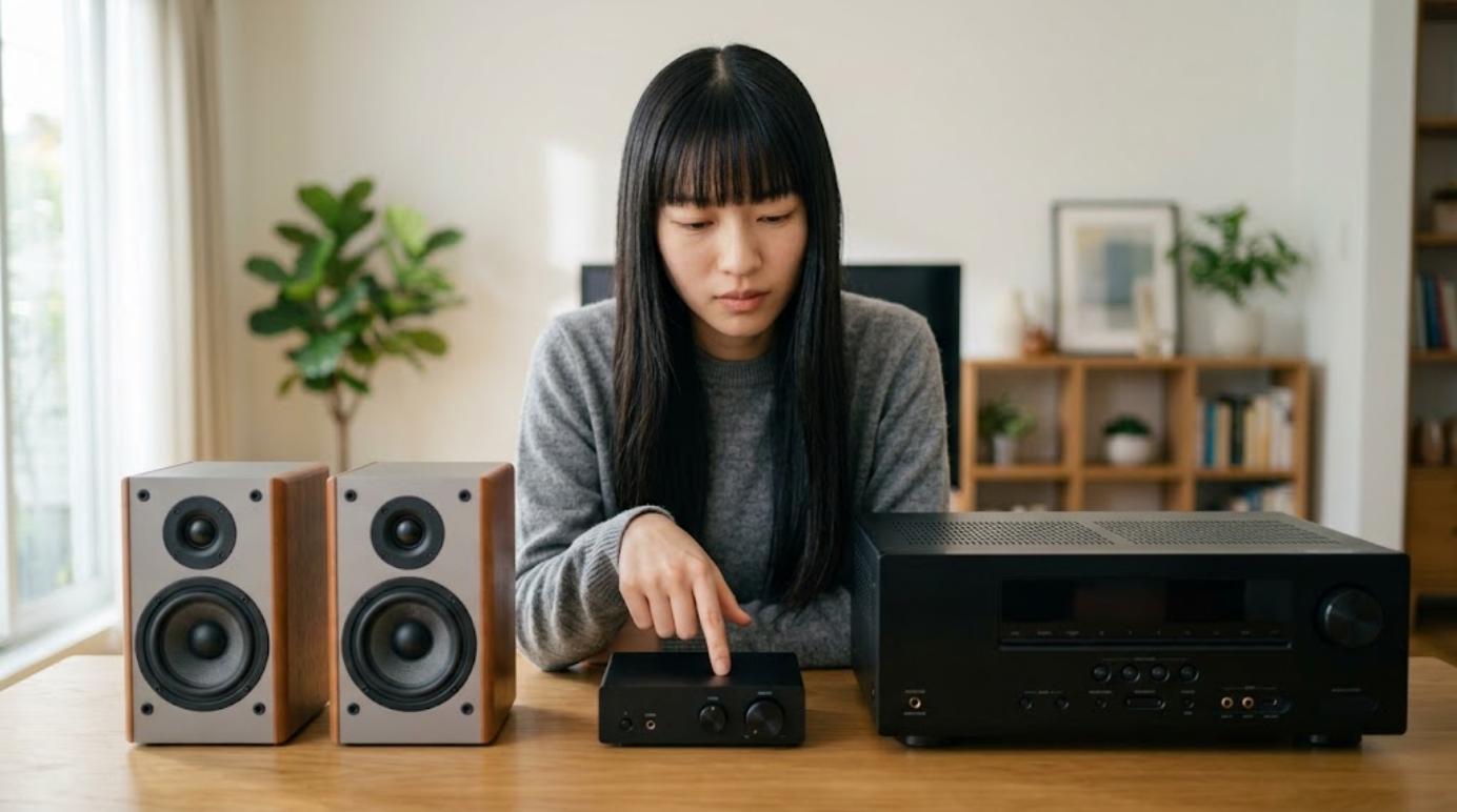 アクティブスピーカー・デジタルアンプ・AVアンプを比較する様子
