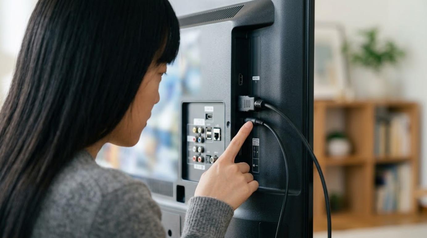 テレビ背面の音声出力端子を確認する様子