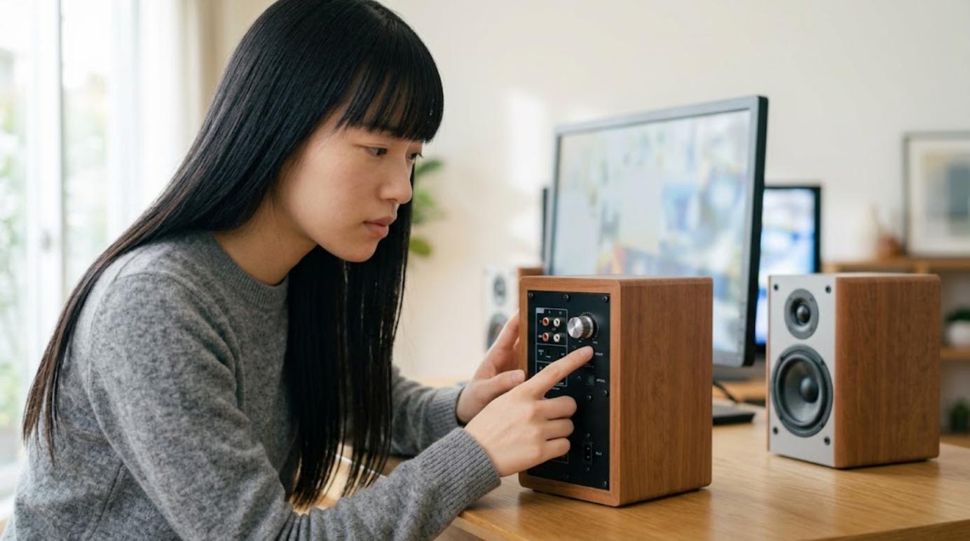 アクティブスピーカーの背面入力端子を確認する様子