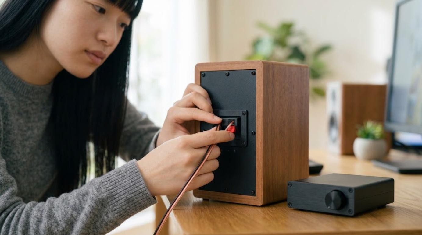 パッシブスピーカーと小型デジタルアンプを接続する様子