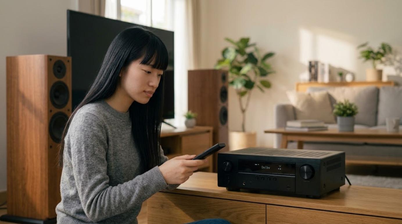 AVアンプの設定をリモコンで操作する様子