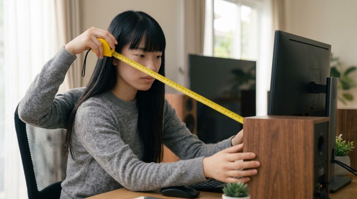 スピーカーと座る位置を正三角形に合わせる様子