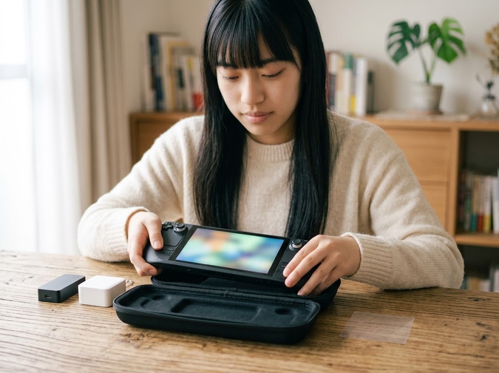 携帯ゲーミングPCの周辺機器をそろえる様子