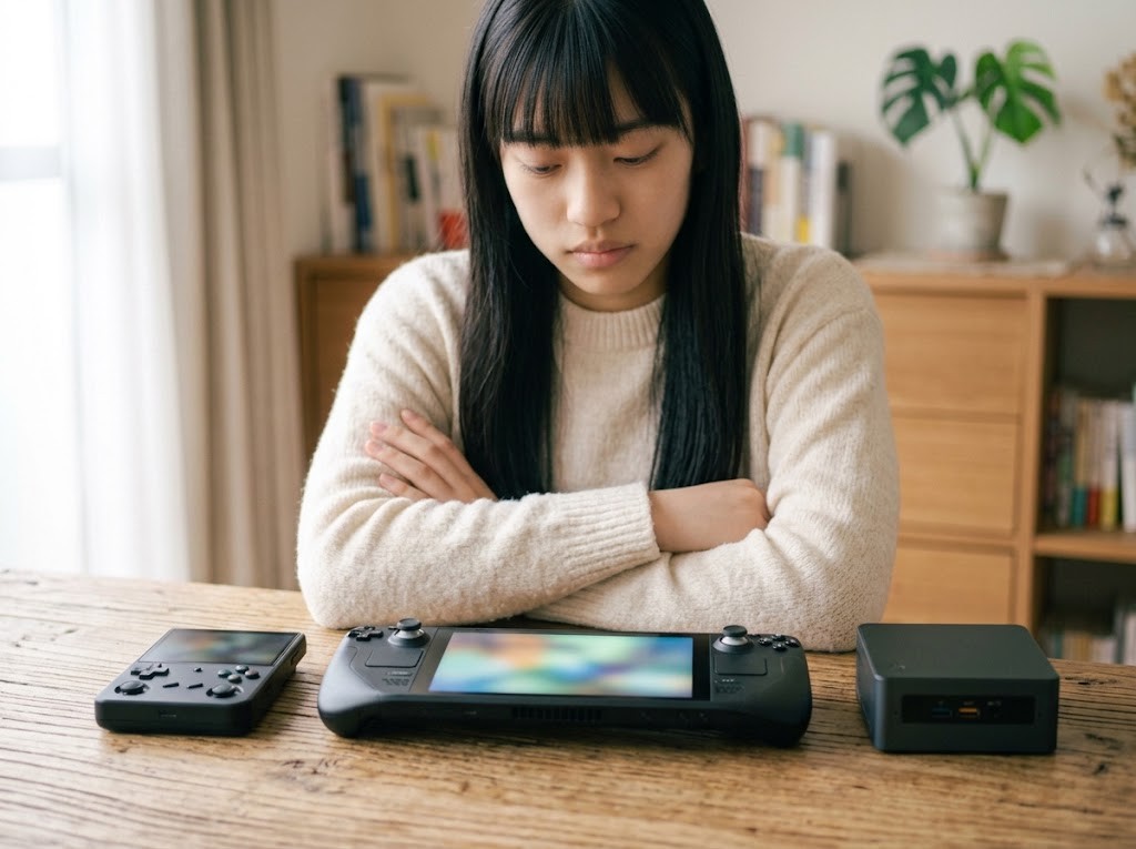 携帯ゲーミングPC・Android携帯機・ミニPCを比べて考える様子