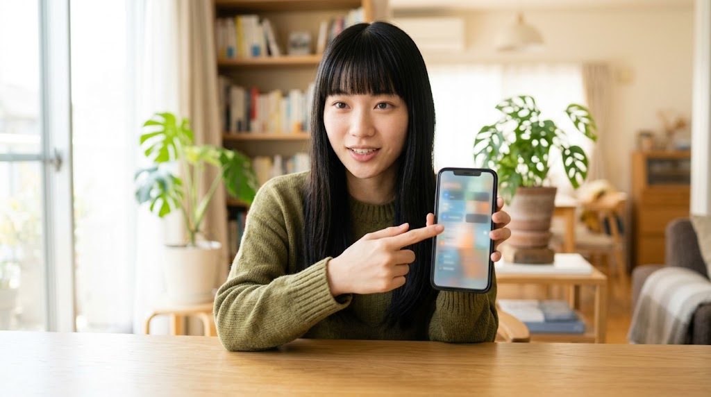 Android版Dolphinの基本設定をスマホで確認する女性