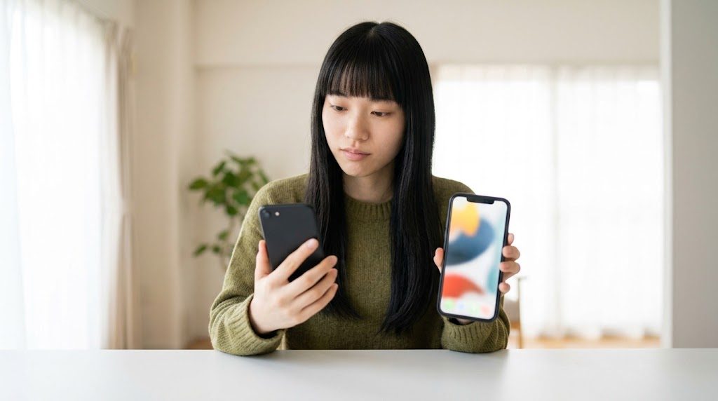 ゲームキューブのエミュ性能を比べるため2台のAndroidスマホを並べる女性
