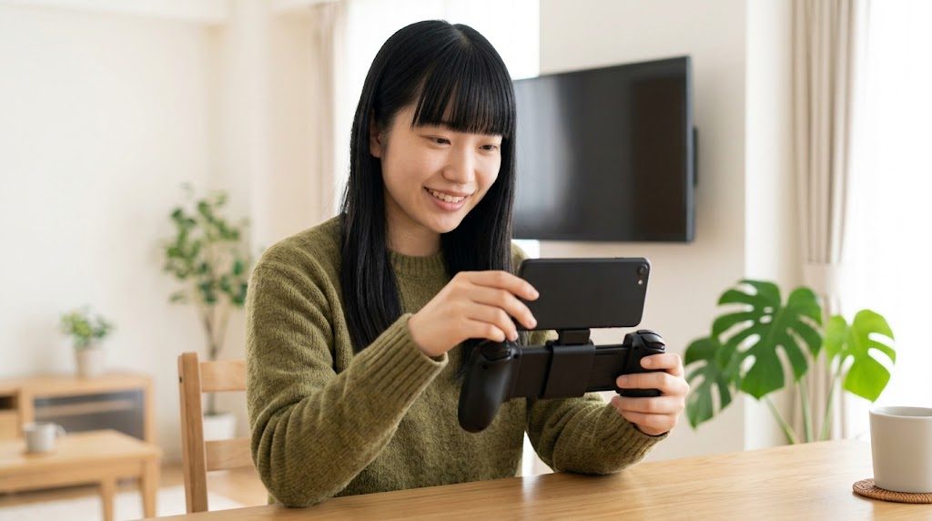 Androidスマホにコントローラーを付けてゲームキューブのエミュを遊ぶ女性
