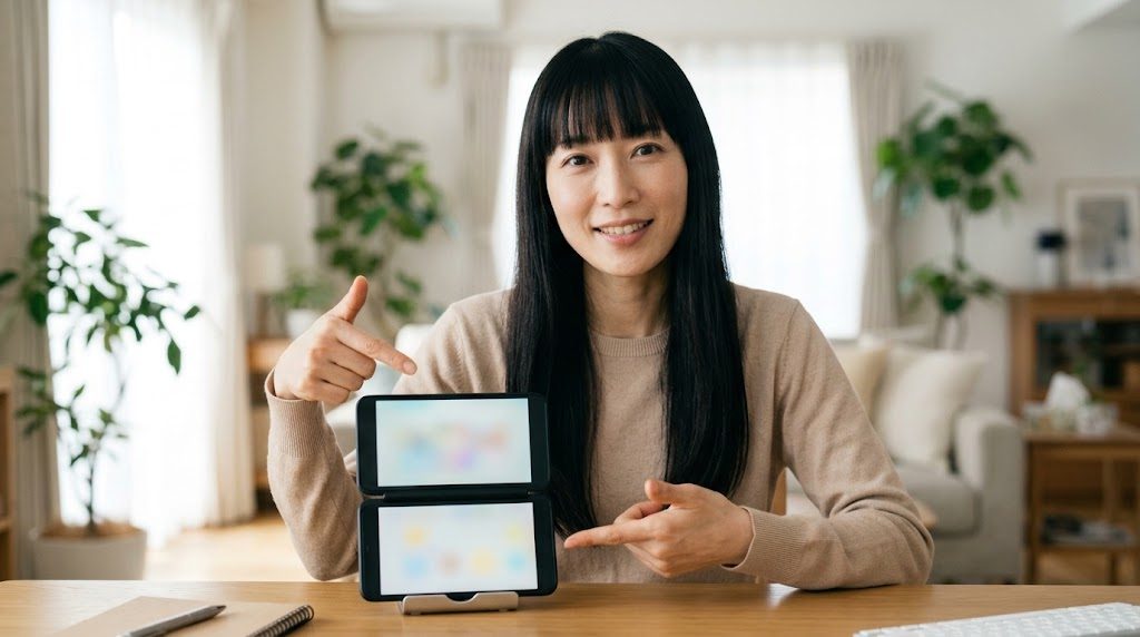 DSと3DSの上下2画面の配置を見比べる女性
