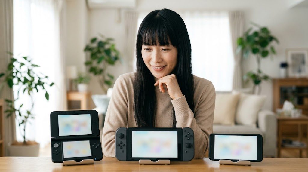 画面の形が違う3台のAndroid携帯機を並べて比べる女性