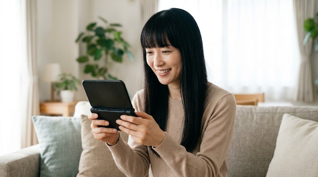 折りたたみ式の2画面Android携帯機を開いて遊ぶ女性