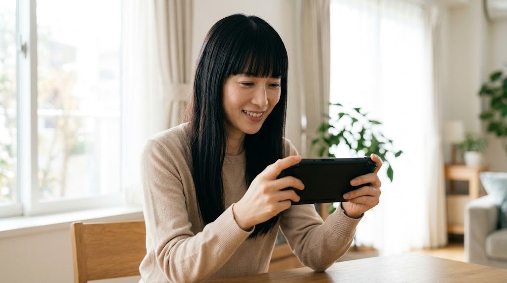7インチ大画面のAndroid携帯機を横持ちで遊ぶ女性