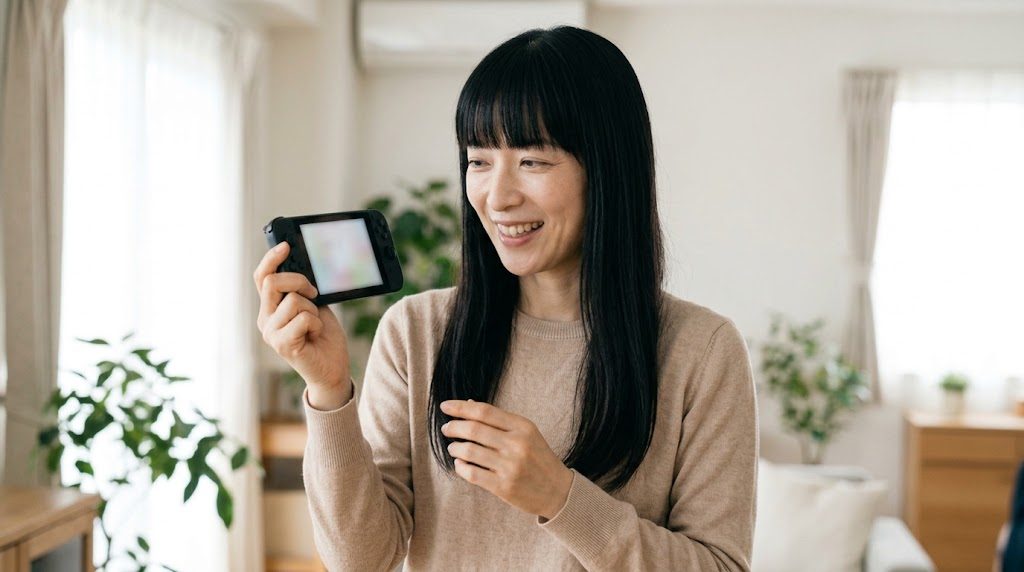 5.5インチ級の軽いAndroid携帯機を手に持つ女性