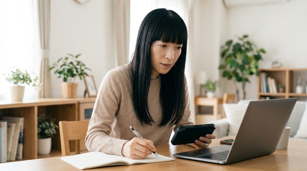Android携帯機の仕様を確認しながらメモを取る女性