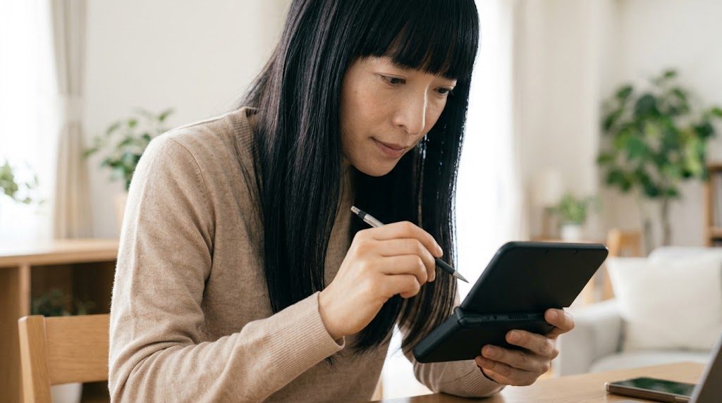 Android携帯機の画面を細いタッチペンで操作する女性