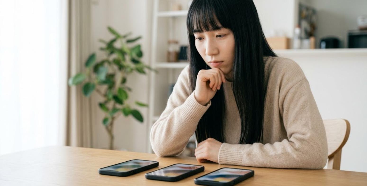 GBAエミュのアプリを見比べる女性