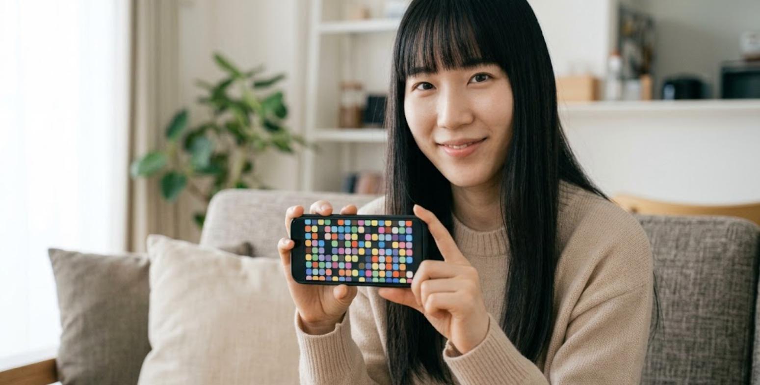 GBAの画面をきれいに表示したスマホを見せる女性