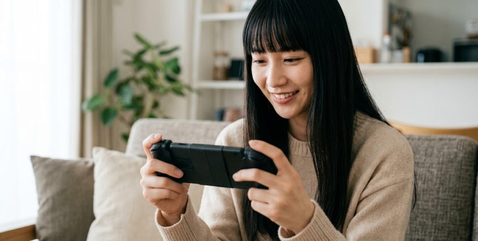 スマホに付けるコントローラーでGBAを遊ぶ女性