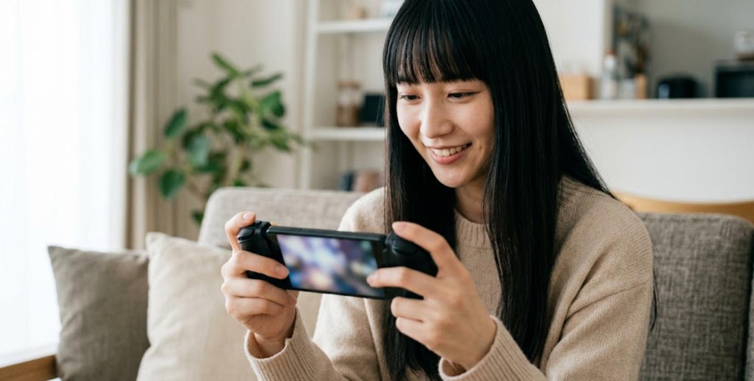 GBAのエミュをAndroidスマホとコントローラーで遊ぶ女性