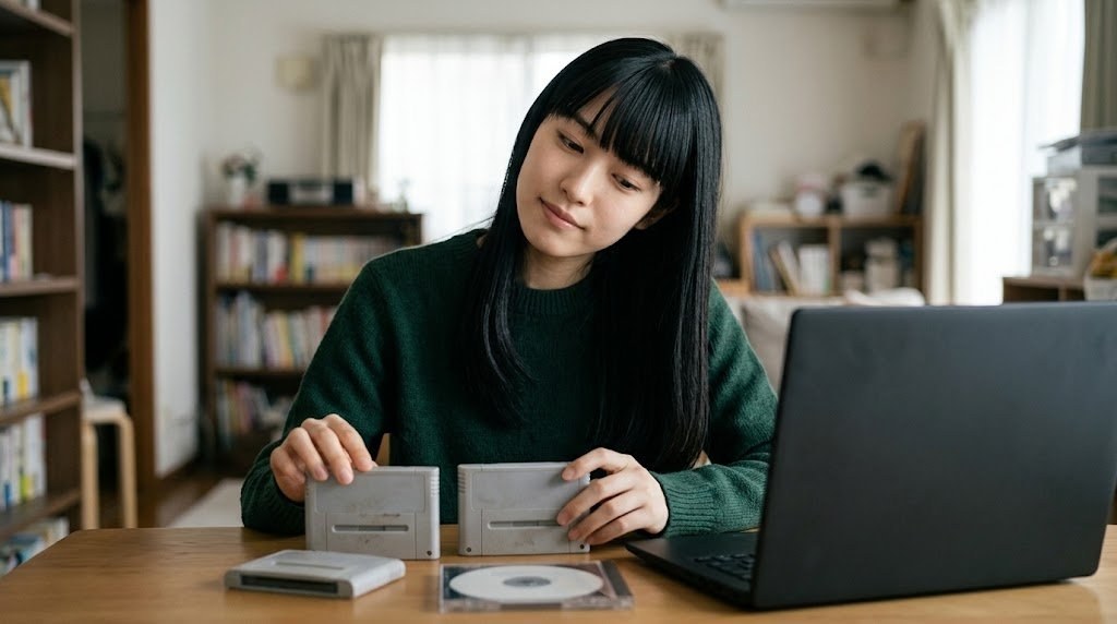 メガドライブのエミュレータをどれにするか比べながら考える女性