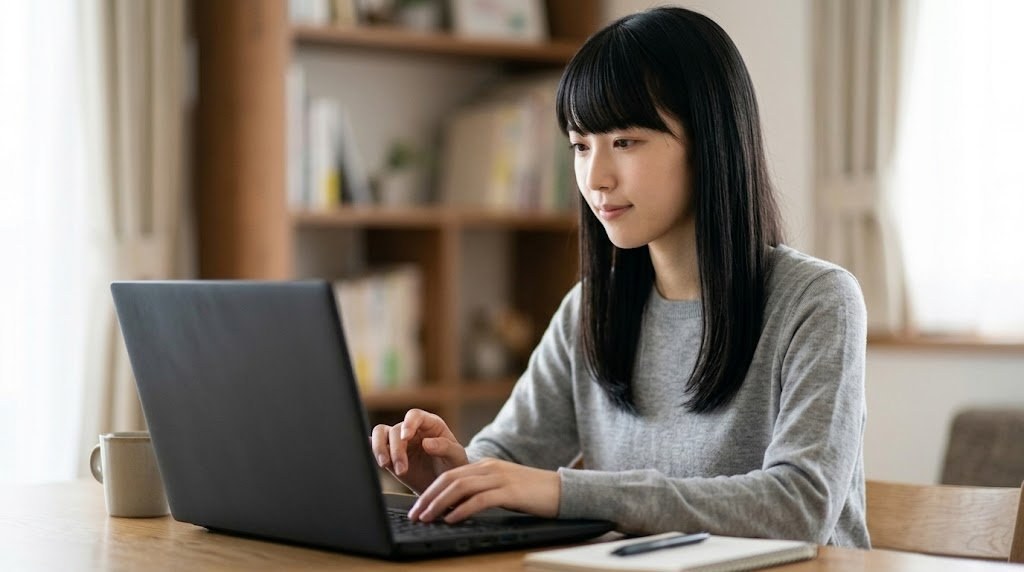 ノートPCでBlastEmの設定画面を開いて初期設定をする女性