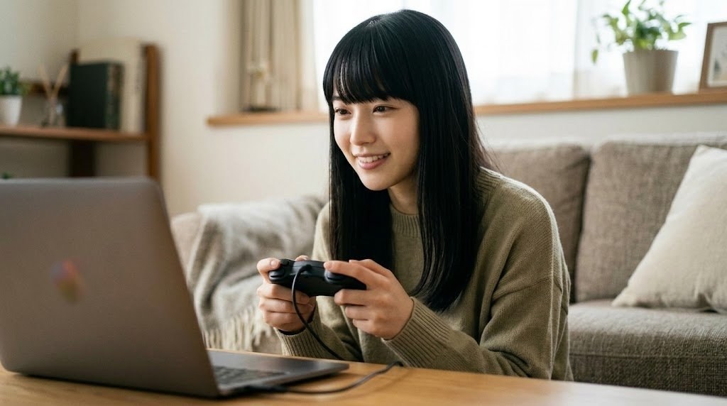 ゲームパッドをPCにつないでボタンの割り当てを確認する女性
