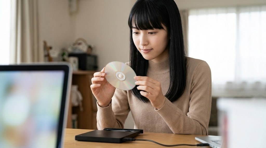 メガCDのディスクとPCを前にBIOSファイルの置き場所を確認する女性