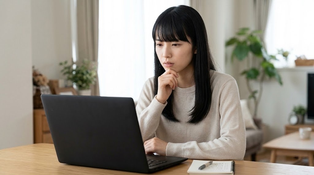 エミュレータが動かない原因をメモを見ながら一つずつ確認する女性