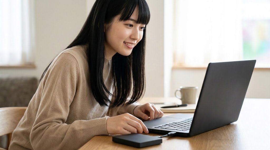 PCのセーブデータを外付けストレージにバックアップする女性