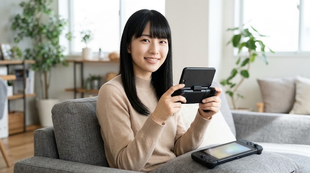 Azaharのマルチプレイでスマホと携帯ゲーム機をつないで遊ぶ女性