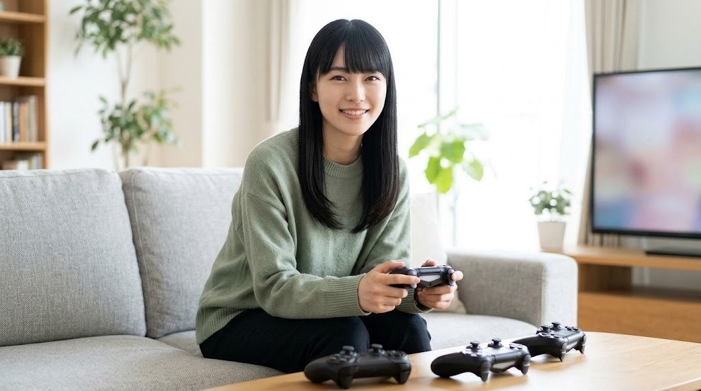 Switch 2用のコントローラーを3台並べて見比べる女性